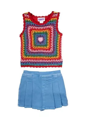 Girls 4-6x Crochet Tank Top and Denim Skort Set