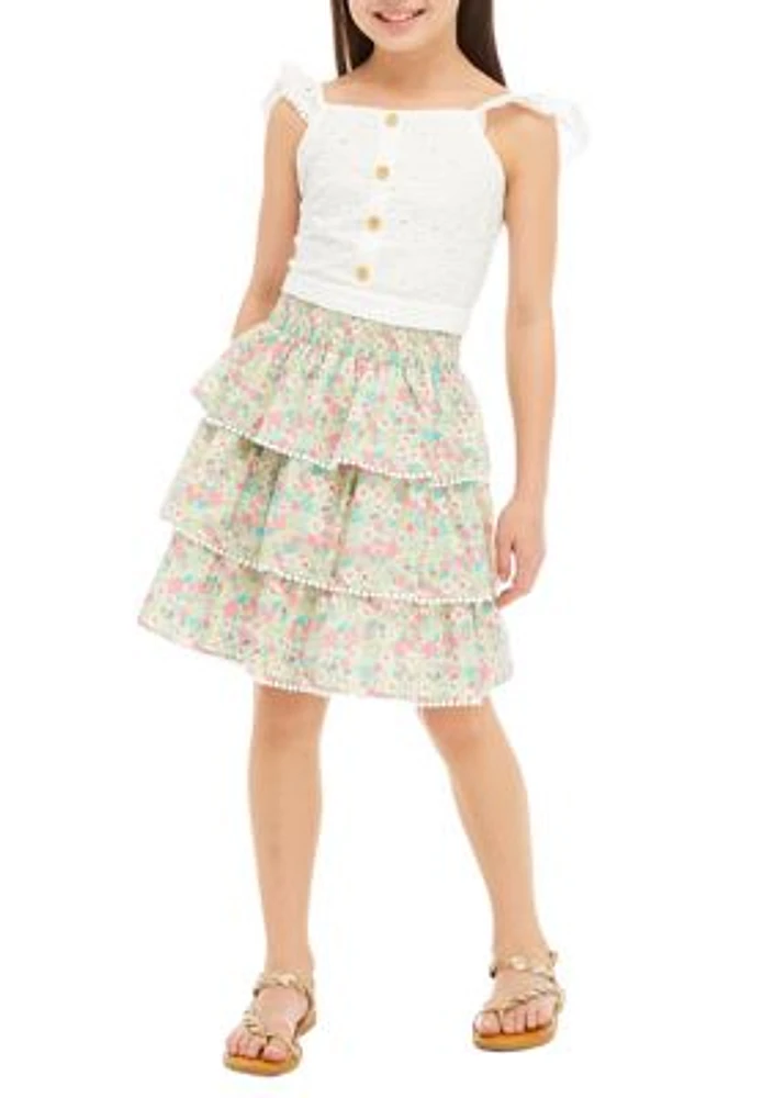Girls 7-16 Sleeveless Eyelet Top and Floral Tiered Skirt