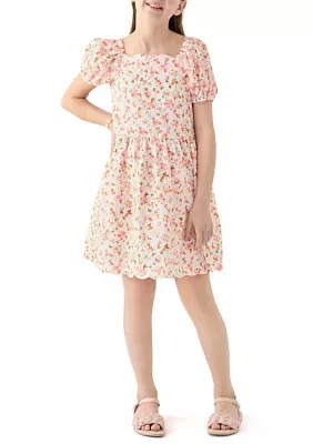 Girls 7-16 Flower Eyelet Scalloped Hem Dress
