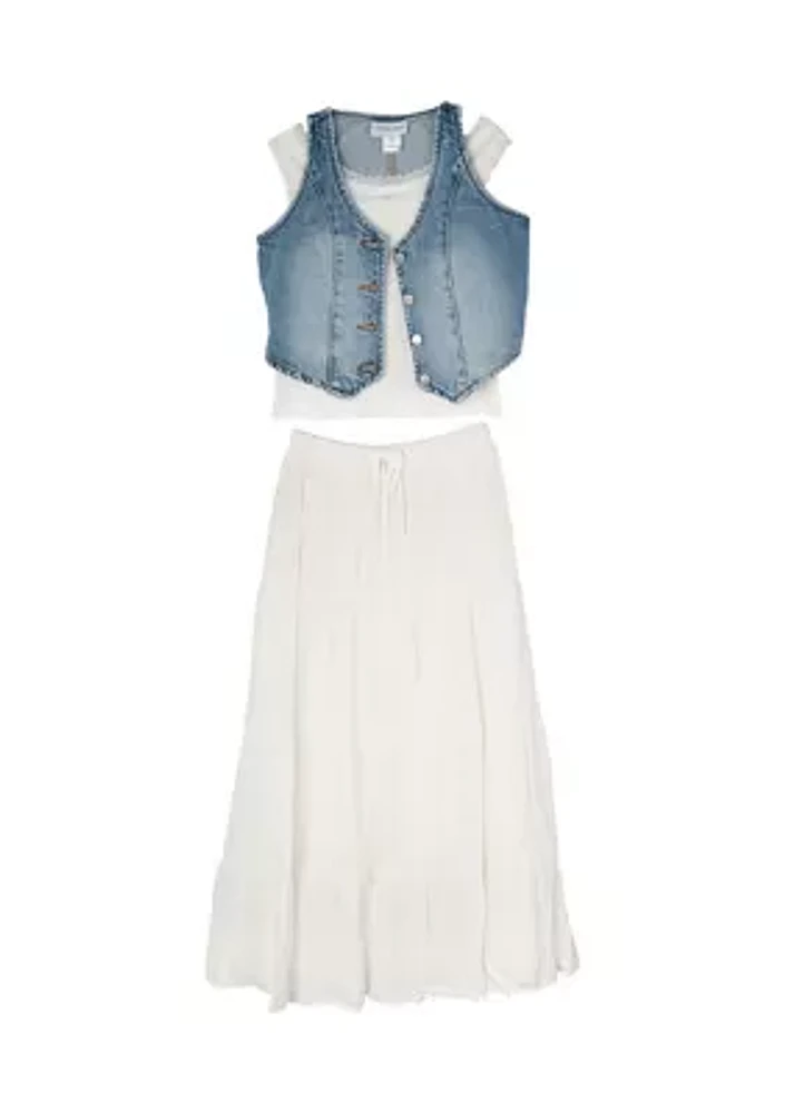 Girls 7-16 Denim Vest and Skirt Set