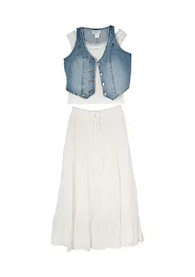 Girls 7-16 Denim Vest and Skirt Set