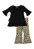 Girls 4-6x Black Ribbed Sunflower Graphic Top and Pants Set with Keychain