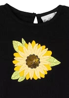Girls 4-6x Black Ribbed Sunflower Graphic Top and Pants Set with Keychain