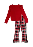 Girls 7-16 Ribbed Knit Top and Printed Flare Pants Set