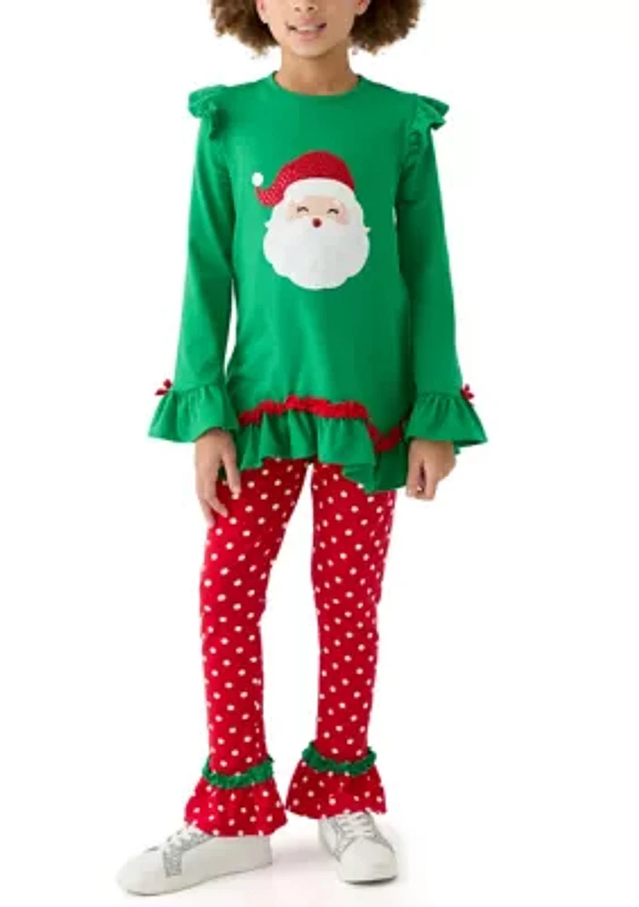Girls 7-16 Santa Appliqué Knit Top and Printed Leggings Set