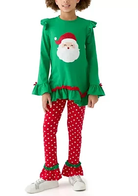 Girls 7-16 Santa Appliqué Knit Top and Printed Leggings Set