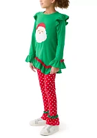 Girls 7-16 Santa Appliqué Knit Top and Printed Leggings Set