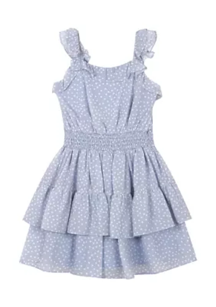 Girls 4-6x Dot Printed Chiffon Ruffle Sleeve Dress with Smocked Waist