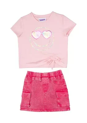 Girls 4-6x Smiley Graphic Top and Denim Cargo Skort Set