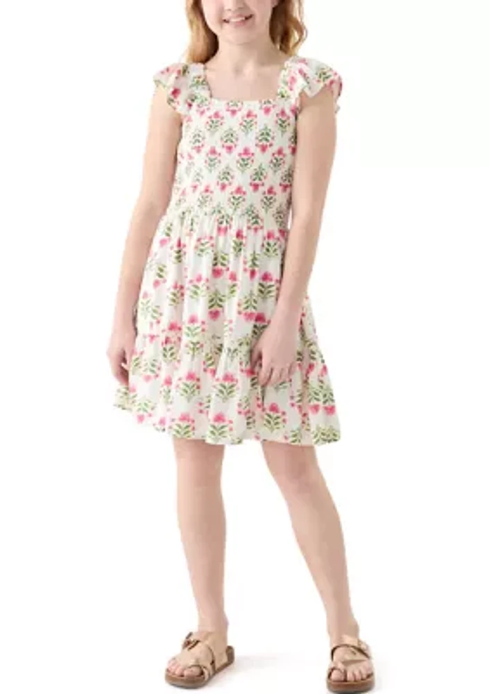 Girls 7-16 Smocked Floral Flutter Sleeve Dress