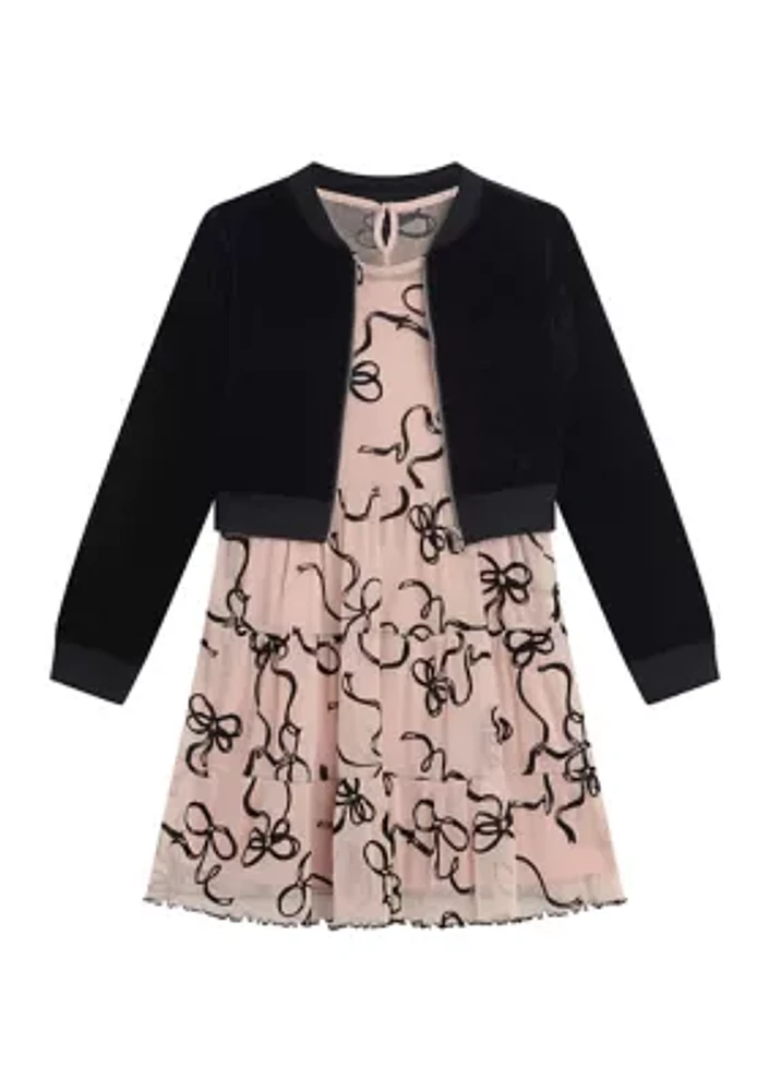 Girls 7-16 Tiered Printed Mesh Dress with Velvet Cardigan