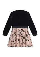 Girls 7-16 Tiered Printed Mesh Dress with Velvet Cardigan