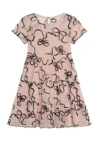 Girls 7-16 Tiered Printed Mesh Dress with Velvet Cardigan