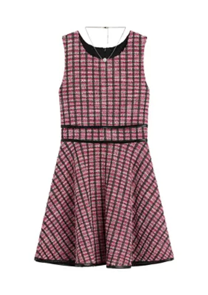 Girls 7-16 Boucle Skater Pleather Trim Dress