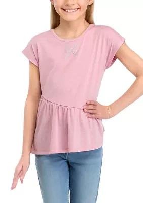 Girls 7-16 Short Dolman Sleeve Top with Asymmetrical Peplum Hem