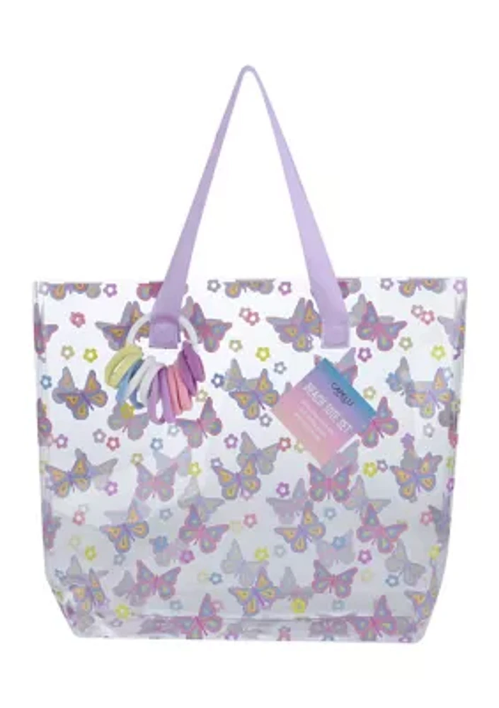 Girls Retro Butterflies Jelly Tote with 12 Pack Hosiery Pony Ring Set