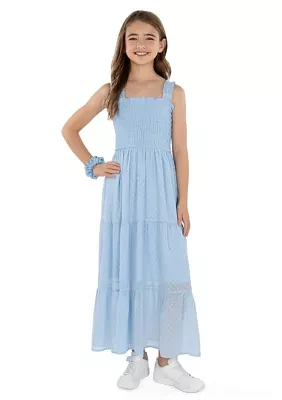 Girls 7-16 Clip Dot Chiffon Maxi Dress with Scrunchie