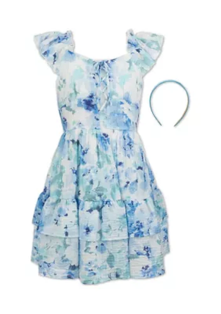 Girls 7-16 Ivy Blue Floral Crinkle Gauze Dress with Headband