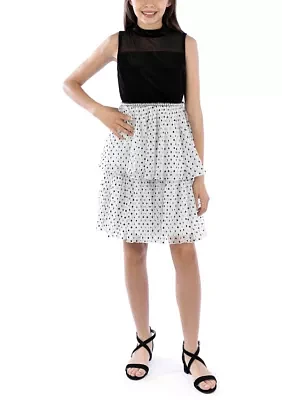 Girls Sleeveless Velvet Bodice Ruffle Tiered Printed Dress