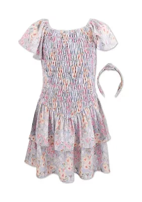 Girls 7-16 Peri Floral Smocked Bodice Dress with Headband