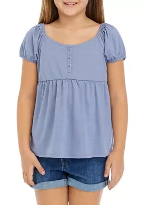 Girls 7-16 Button Puff Sleeve Top