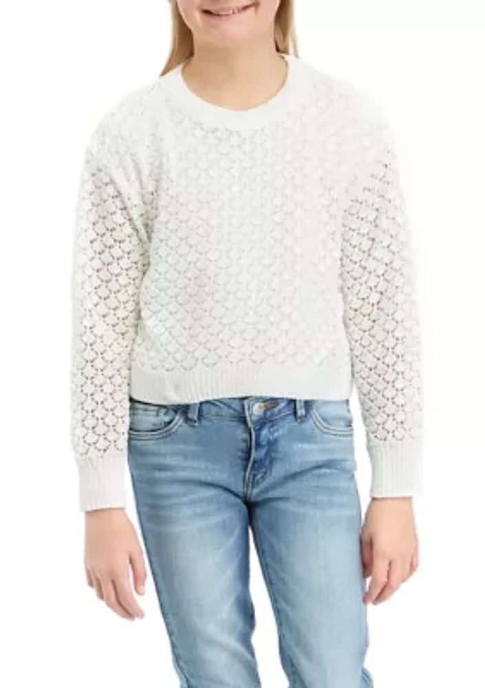 Girls 7-16 Long Sleeve Crew Neck Pointelle Pullover Sweater