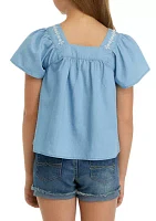 Girls 7-16 Button Front Embroidered Top
