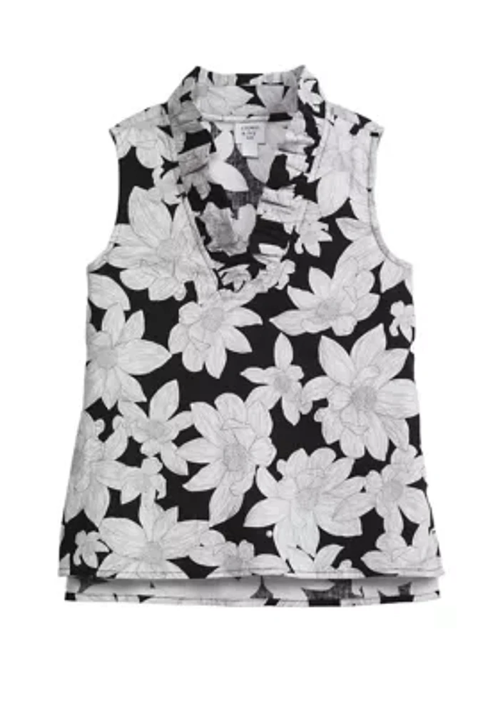 Girls 7-16 Sleeveless Ruffle Neck Printed Top
