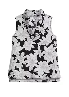 Girls 7-16 Sleeveless Ruffle Neck Printed Top
