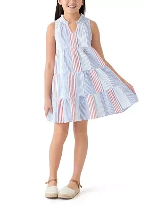 Girls 7-16 Split Neck Ruffle Stripe Dress