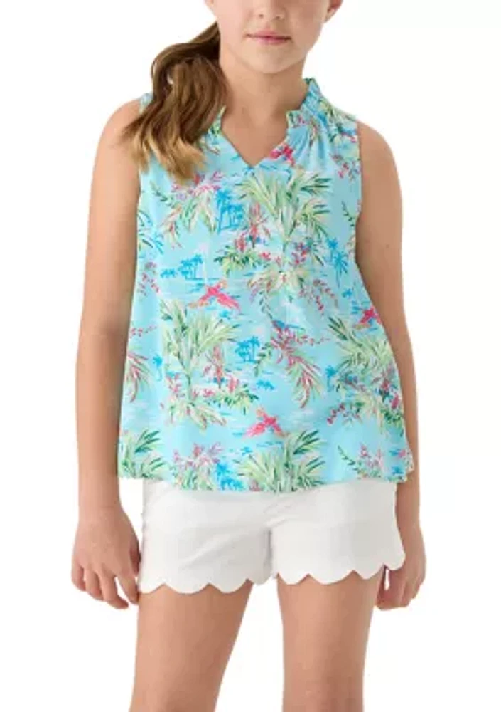 Girls 7-16 Notch Neck Ruffle Printed Tank