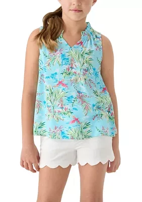 Girls 7-16 Notch Neck Ruffle Printed Tank