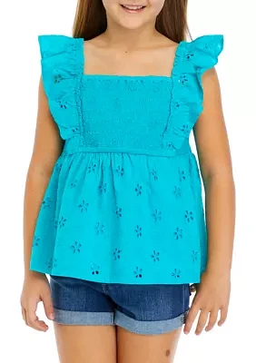 Girls 7-16 Eyelet Smocked Flutter Sleeve Top