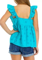 Girls 7-16 Eyelet Smocked Flutter Sleeve Top
