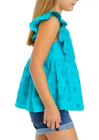 Girls 7-16 Eyelet Smocked Flutter Sleeve Top