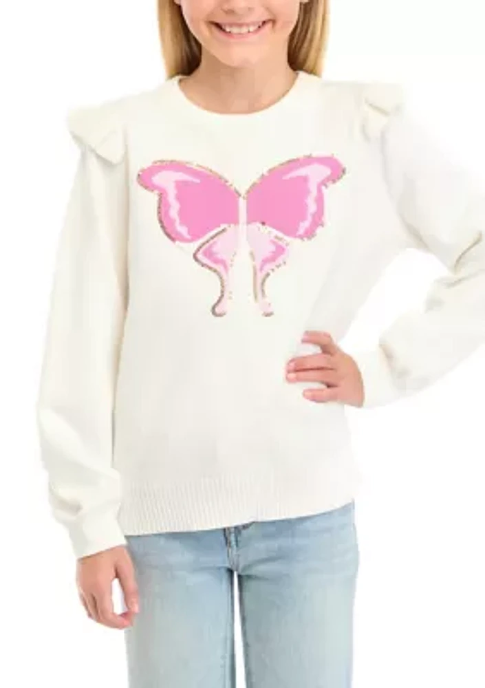 Girls 7-16 Butterfly Graphic Ruffle Sweater