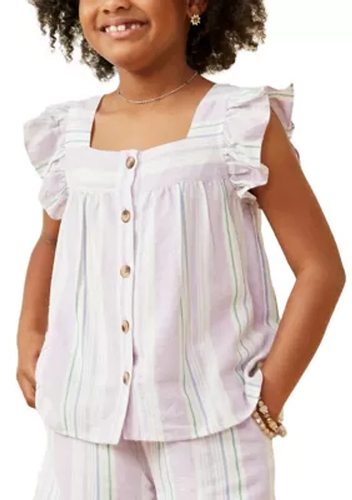Girls 7-16 Striped Square Neck Ruffled Button Top