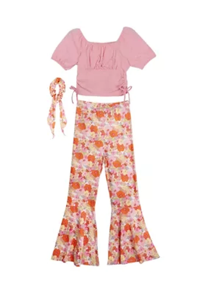 Girls 7-16 Ruched Top and Floral Printed Pants with Scrunchie