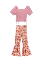 Girls 7-16 Ruched Top and Floral Printed Pants with Scrunchie