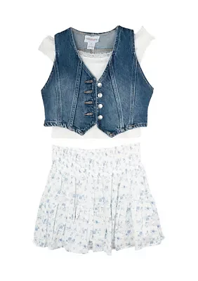 Girls 7-16 Denim Vest and Floral Printed Skort Set