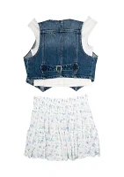 Girls 7-16 Denim Vest and Floral Printed Skort Set