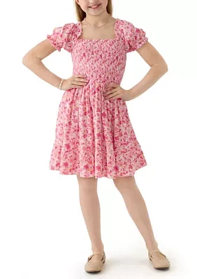 Girls 7-16 Pink Smocked Printed Dress