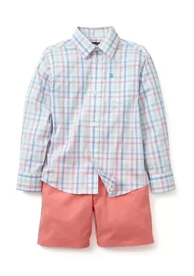 Boys 4-7 Long Sleeve Grid Plaid Shirt and Performance Shorts Set