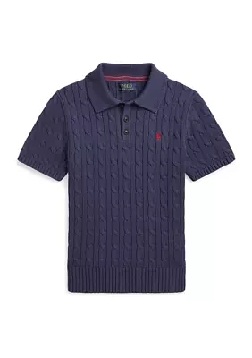 Boys 8-20 Cable Knit Cotton Polo Collar Sweater