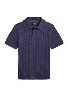 Boys 8-20 Cable Knit Cotton Polo Collar Sweater