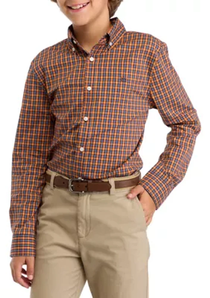 Boys 8-20 Woven Poplin Gingham Printed Shirt