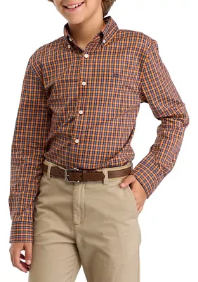 Boys 8-20 Woven Poplin Gingham Printed Shirt