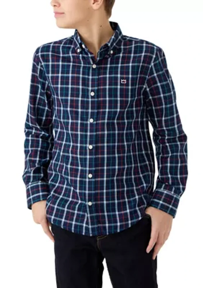 Boys 8-20 Long Sleeve Woven Brushed Twill Box Plaid Shirt
