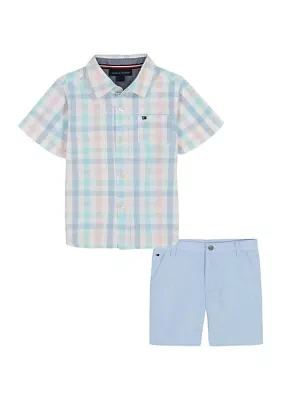 Boys 4-7 Plaid Printed Woven Shirt and Shorts Set