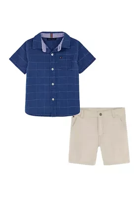 Boys 4-7 Windowpane Printed Woven Shirt and Shorts Set
